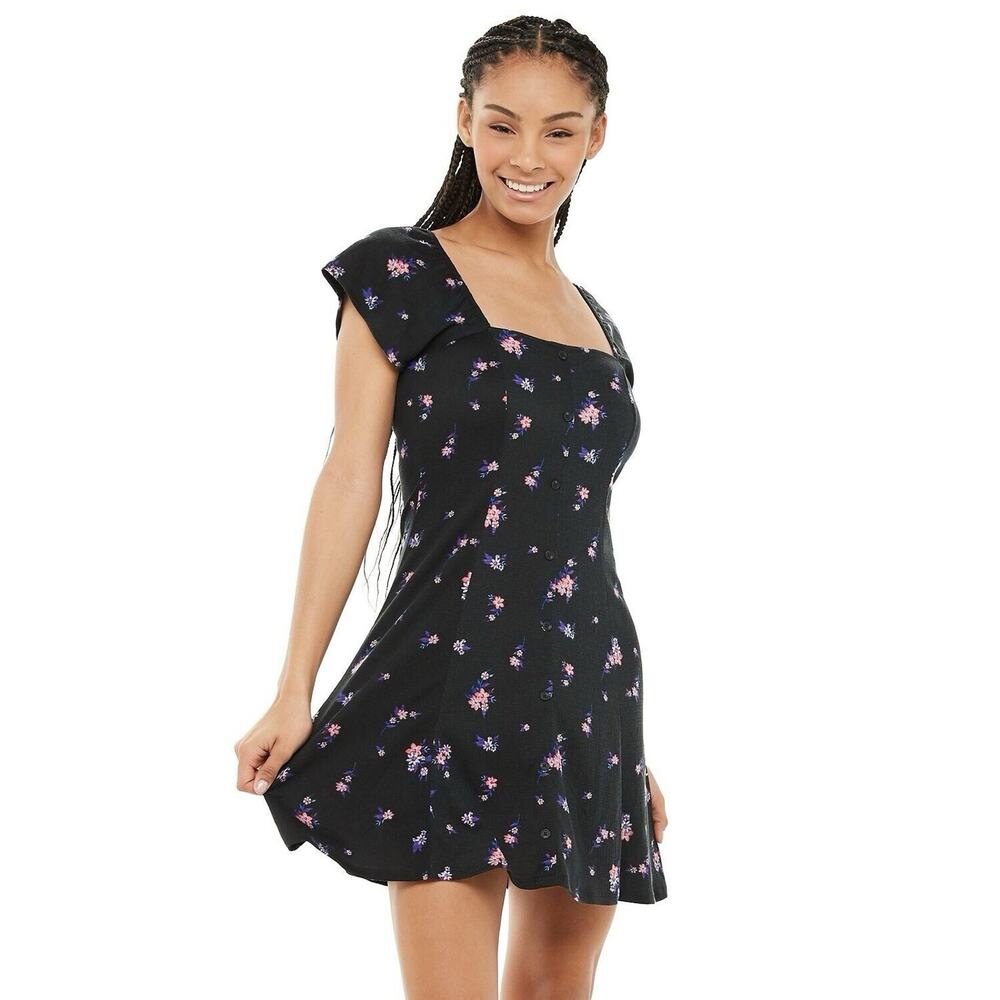 Square Neck Babydoll Mini Dress Black Floral Cottage Milkmaid Y2K Prep Size L